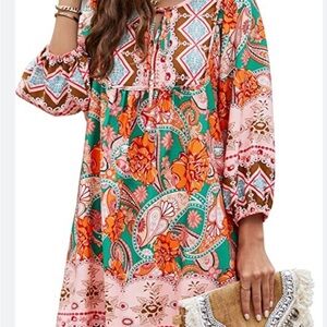 Red and Orange Casual Sundress with 3/4 Bishop Sleeves